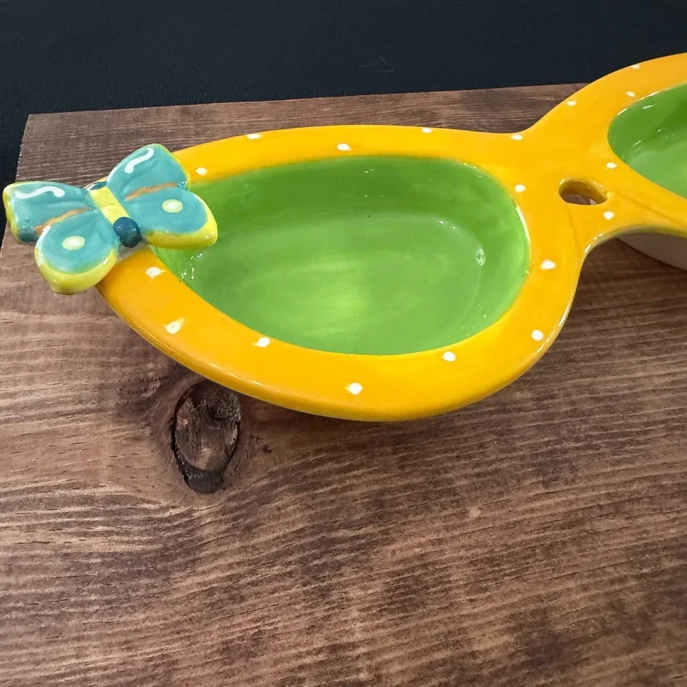 Dennis East Ceramic Sunglasses Divided Serving Dish Yellow Polka Dot Butterfly
